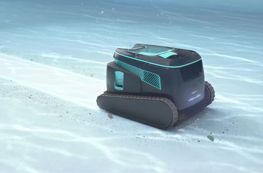 Black and teal robotic pool cleaner with tracked wheels, featuring a sleek modern design.