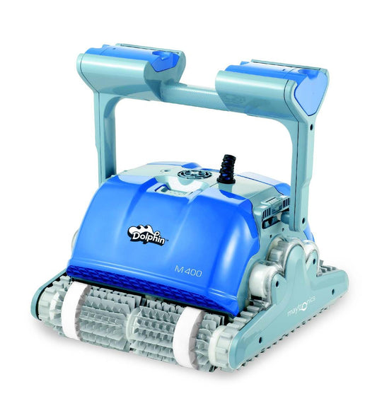 Blue and light blue dolphin m400 robotic pool cleaner with a handle, scrubbing brushes, and tank-like body.
