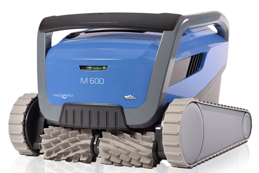 Blue and gray robotic pool cleaner with textured tracks and a sleek, modern design.