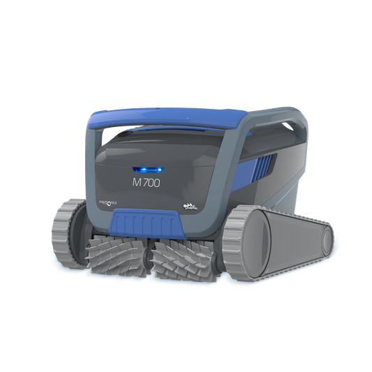 Blue and gray robotic pool cleaner with a sleek, modern design featuring tracked wheels for smooth movement across the pool floor.