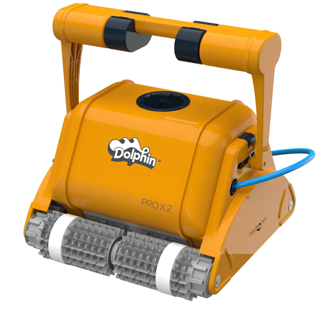 Bright yellow dolphin pro x2 robotic pool cleaner with gray and white scrubbing rollers.