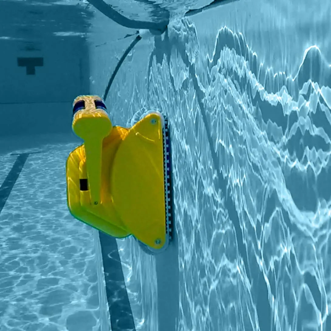 Bright yellow robotic pool cleaner with a cartoonish face design, featuring black and purple accents on its eyes.