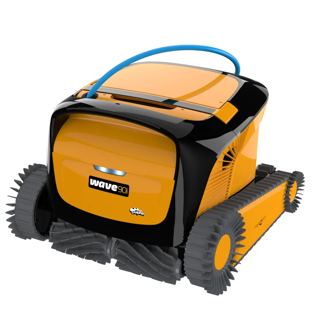 Yellow and black robotic pool cleaner with a blue handle, featuring the ’wave 90i’ model name.