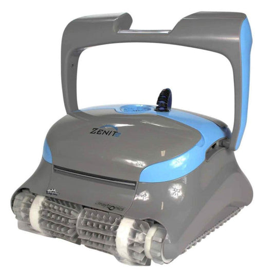Gray and blue zenit robotic pool cleaner with a sleek, modern design featuring textured wheels for efficient cleaning.