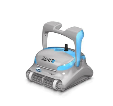 Gray and blue robotic pool cleaner with a handle, featuring the ’zenit’ brand name on its side.