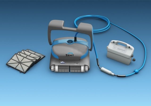 Gray and blue zenit robotic pool cleaner with a sleek, modern design.