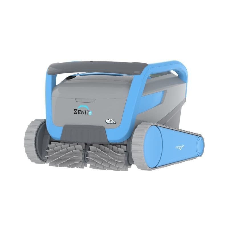 Blue and gray robotic pool cleaner with a handle, branded ’zenith’ by dolphin.