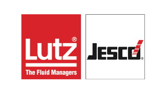 The image displays two distinct logos: on the left, a red square logo with white text reading ’lutz’ and below it in smaller font “the fluid managers,” while to its right is a black-and-white rectangular logo featuring stylized lettering