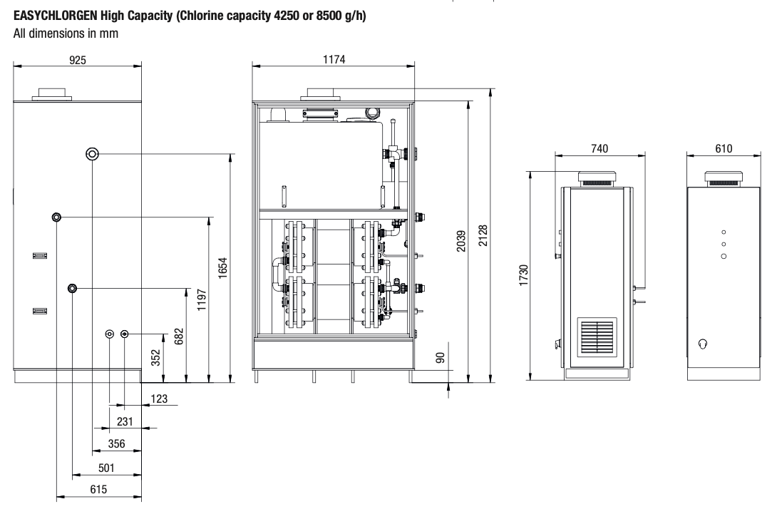 High-capacity easychlorgen chlorine generator with technical dimensions and internal component layout.