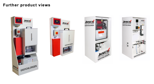 White industrial chlorine generator units with red accents and digital displays, branded jesco.