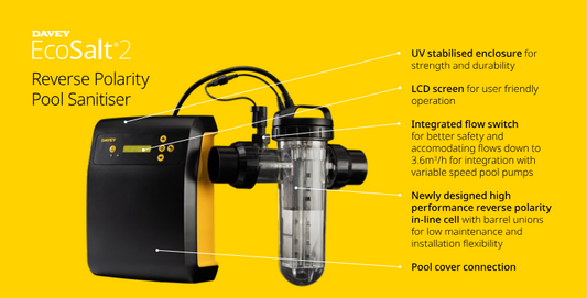Black and yellow davy ecosalt² reverse polarity pool sanitiser with a transparent cylindrical tank.
