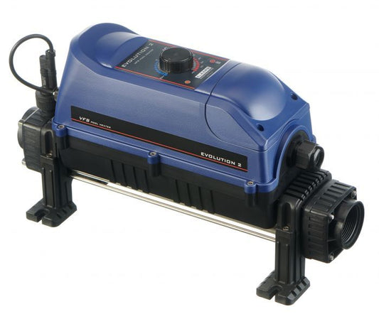 Blue and black evolution 2 vfs mini heater with a control knob on top.