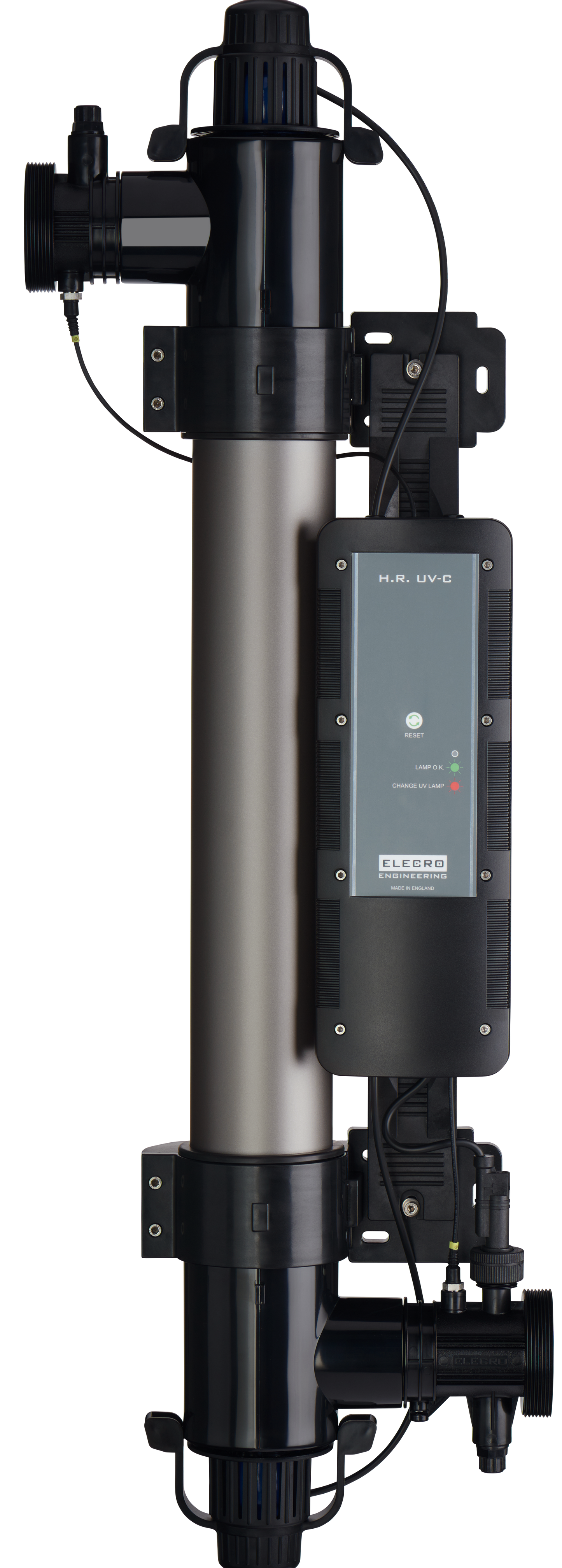 Black and silver industrial water filtration system with digital control panel