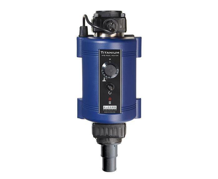 Blue cylindrical titanium pool heater with black control panel and fittings.
