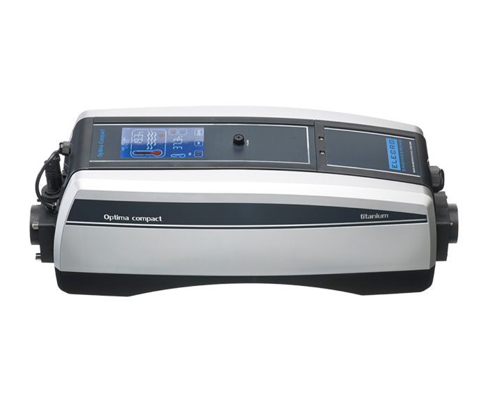 Silver and black optima compact titanium pool filter system with digital display.