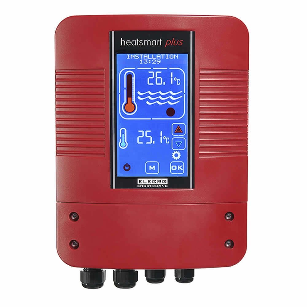 Red plastic heatsmart plus thermostat with a blue digital display showing temperature readings and control buttons.
