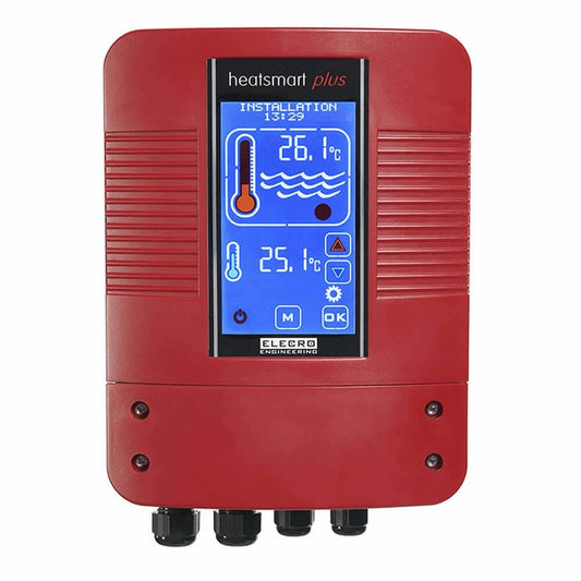 Red plastic heatsmart plus thermostat with a blue digital display showing temperature readings and control buttons.