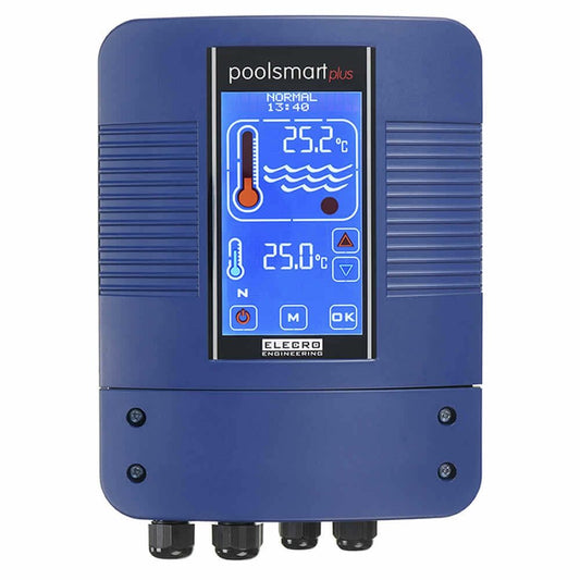 Blue rectangular pool heater control panel with digital display showing temperature readings and brand name ’poolsmart plus’ at the top.