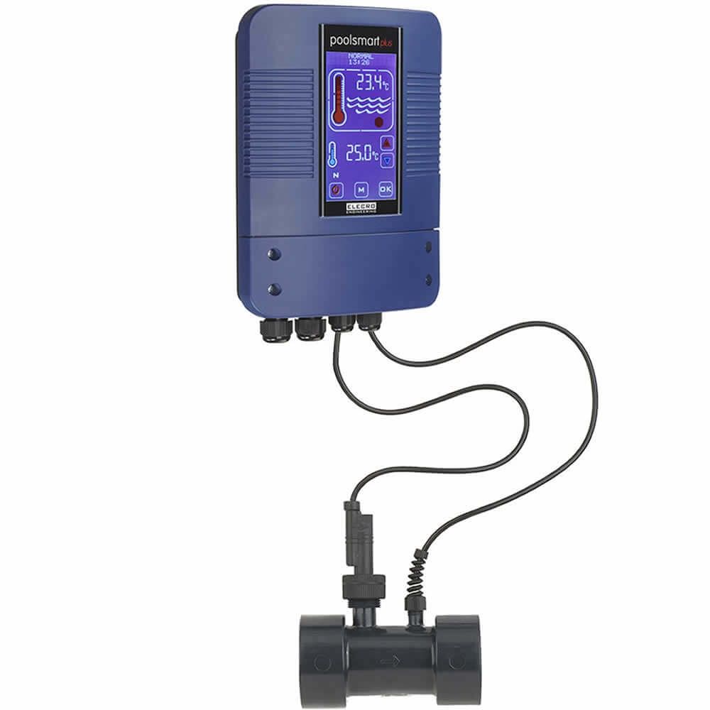 Blue digital pool heater controller with a black pipe valve and coiled cable.