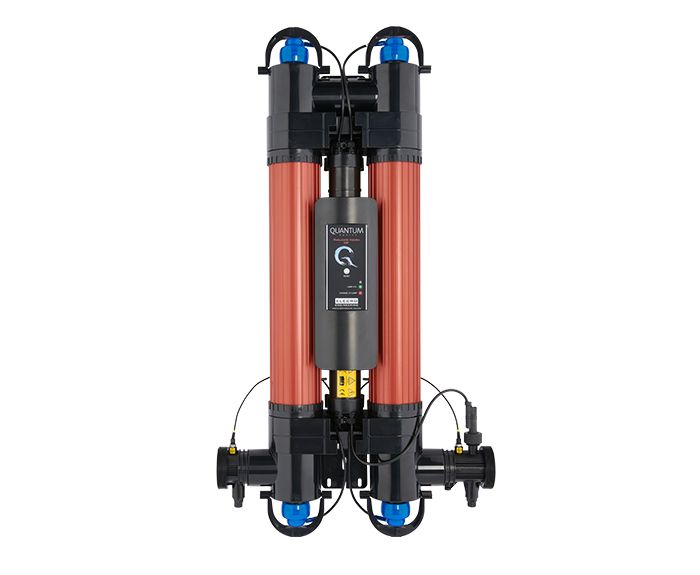 Black and orange quantum water filtration system with blue caps.