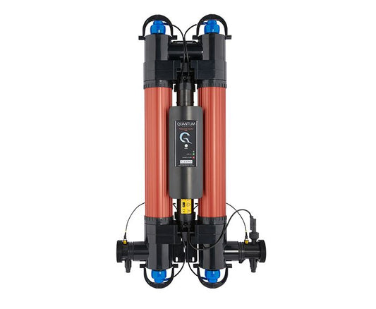 Black and orange quantum water filtration system with blue caps.