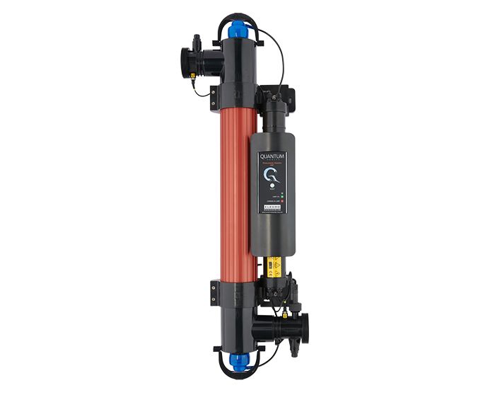 Black and red quantum q30 pool sanitizer system with blue caps on top and bottom.