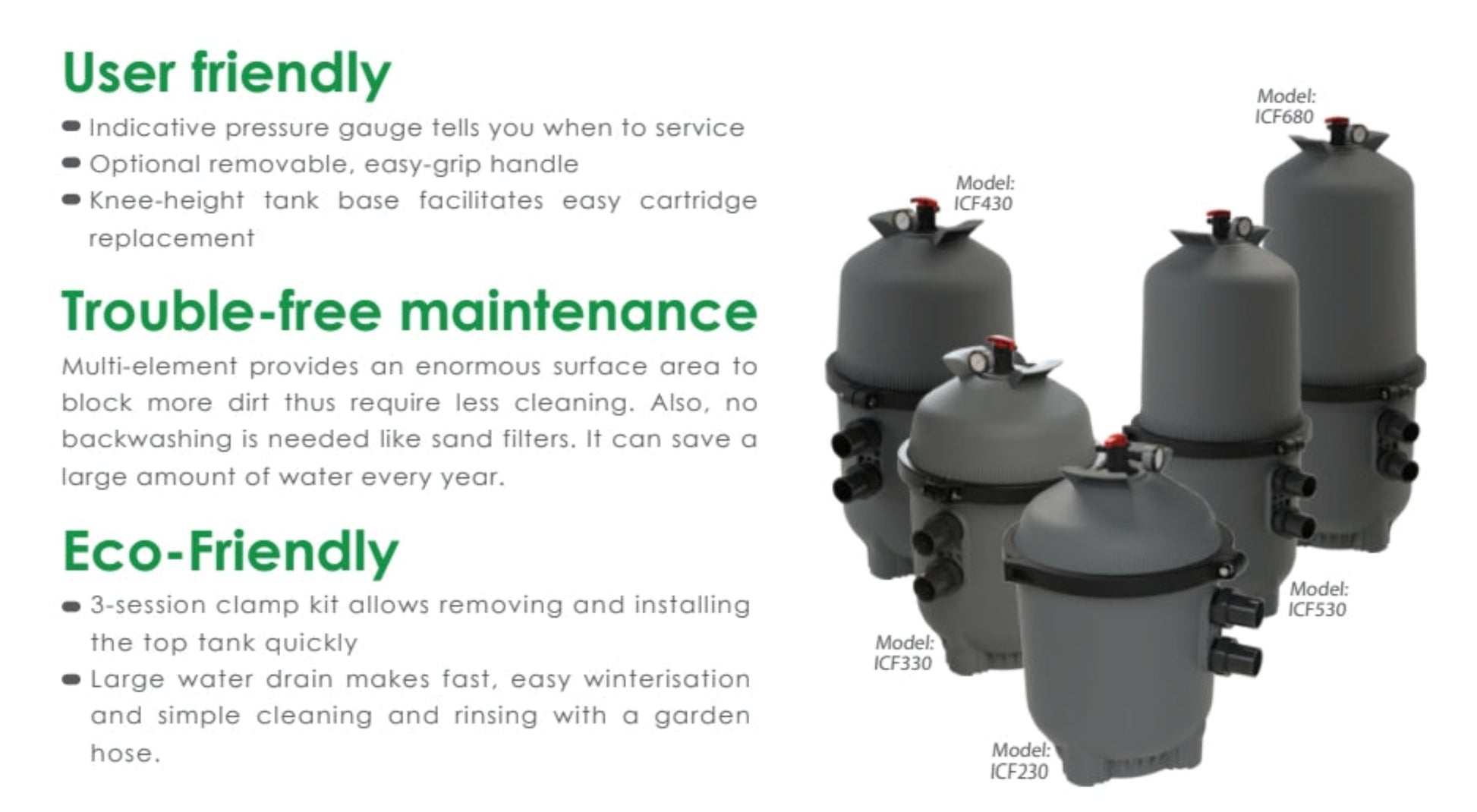 Gray cylindrical pool filter units with black and red accents, labeled as models icf230 through icf680.