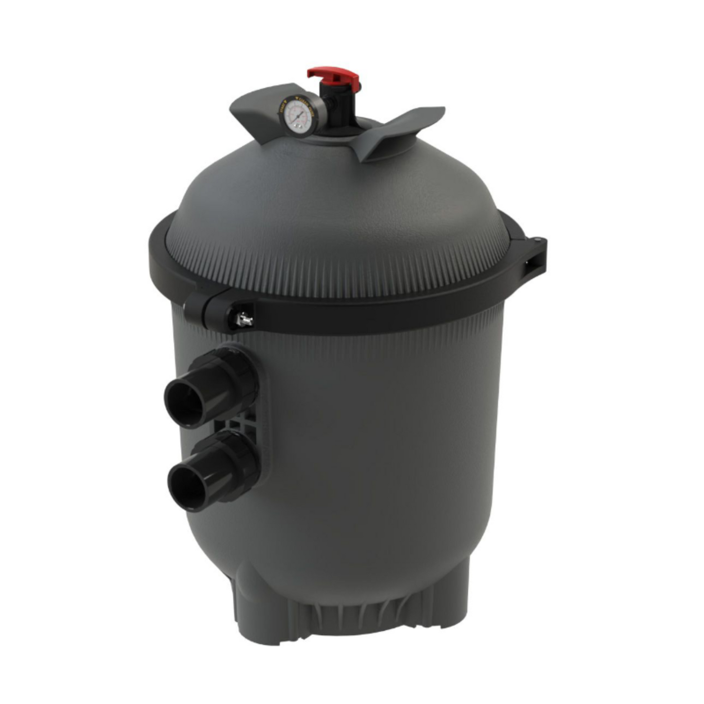 Gray plastic pool filter with black fittings and a red pressure gauge on top.
