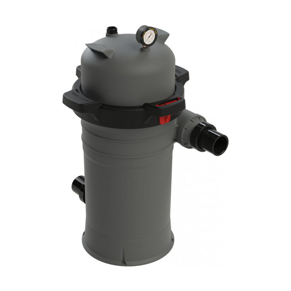 Gray cylindrical pool filter with black fittings and a pressure gauge on top.