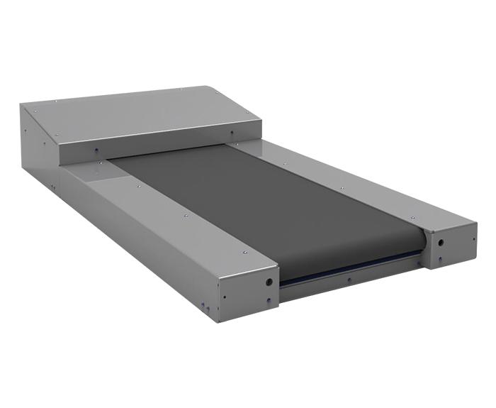 Gray industrial conveyor belt with a dark gray rubberized running surface and metallic side frames.