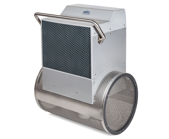 Industrial-grade stainless steel air purifier with a perforated mesh front and circular cylindrical base.