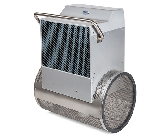 Industrial-grade stainless steel air purifier with a perforated mesh front and circular cylindrical base.