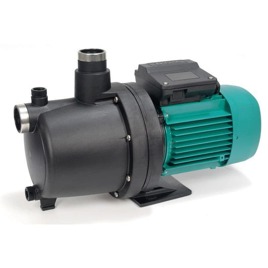 Black and teal industrial pump with a ribbed motor housing and metallic fittings.
