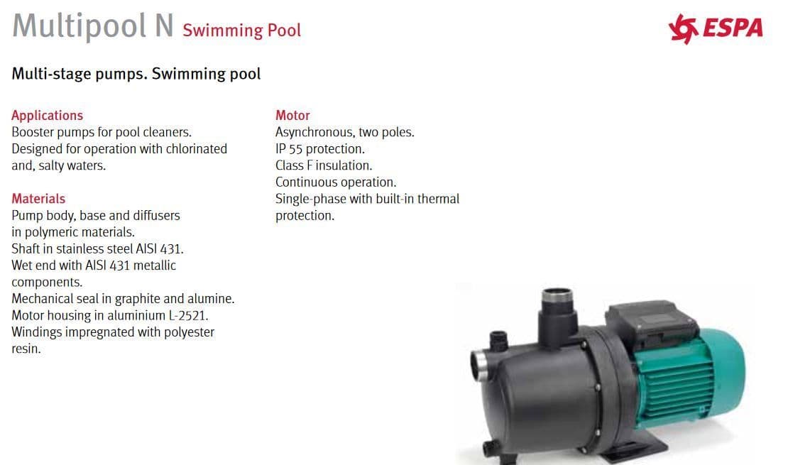 Espa multipool n swimming pool pump with a black polymeric body, green motor housing, and stainless steel shaft.