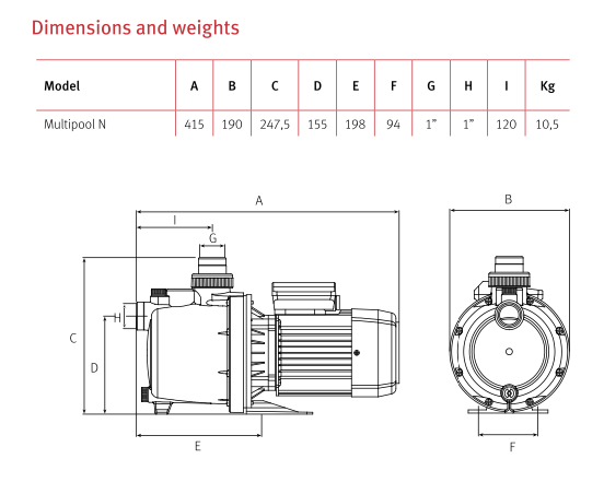 Multipool n pool pump with metallic housing and motor, featuring labeled dimensions for precise installation.