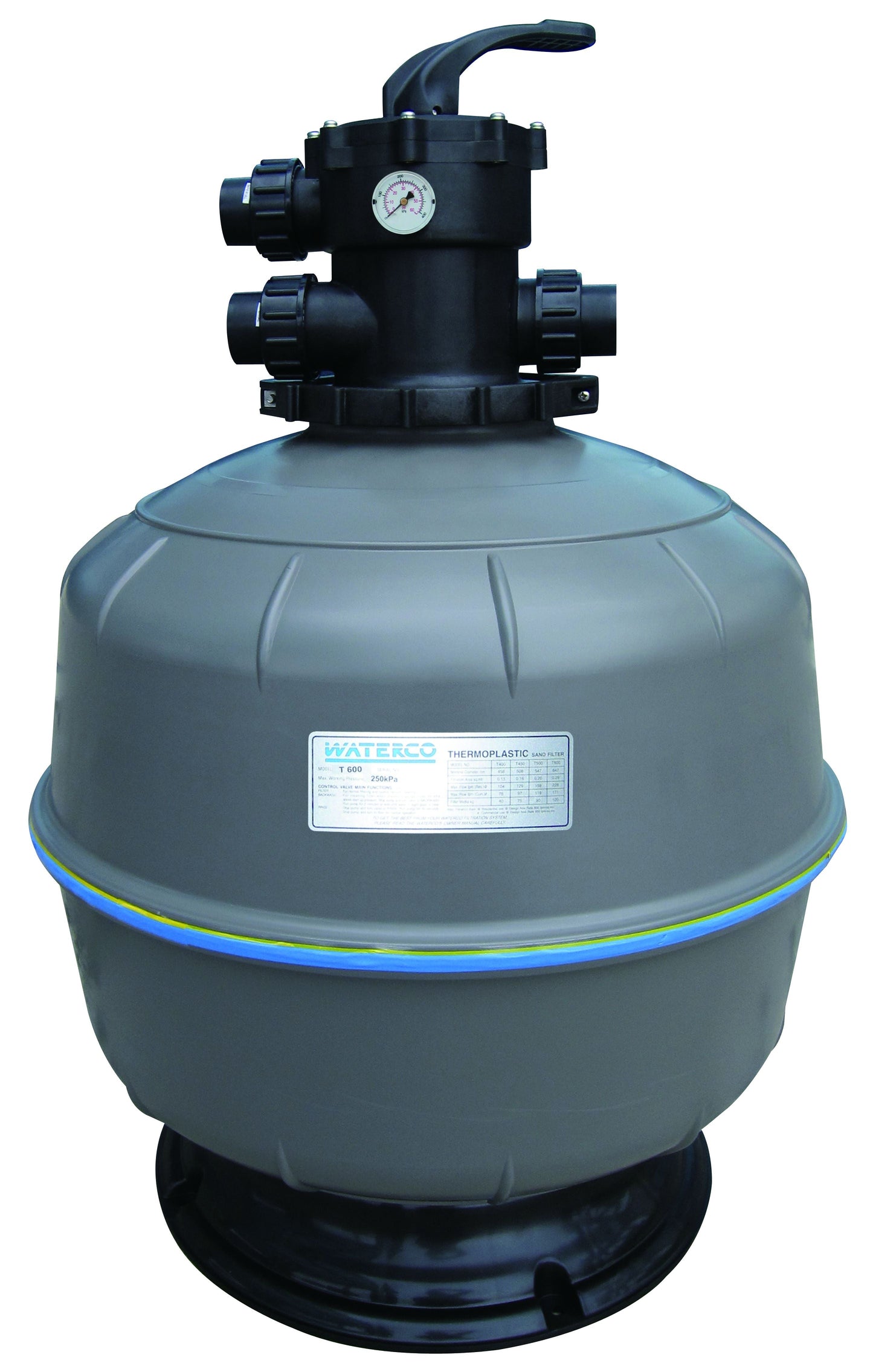 Gray spherical pool filter with black top assembly and blue accent band.