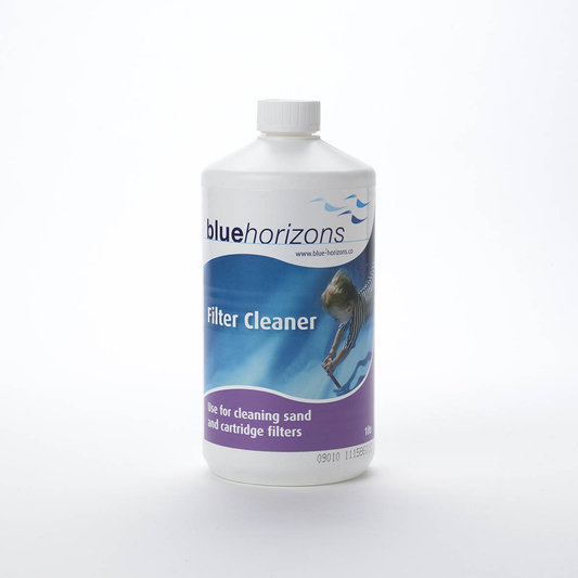 White plastic bottle of blue horizons filter cleaner with blue and purple label, designed for cleaning sand and cartridge filters.