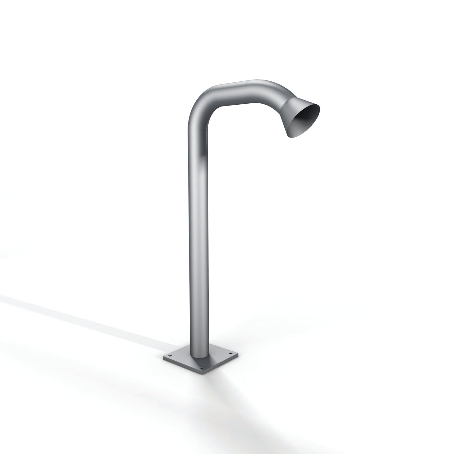 Silver metallic outdoor showerhead with a curved spout and square base.