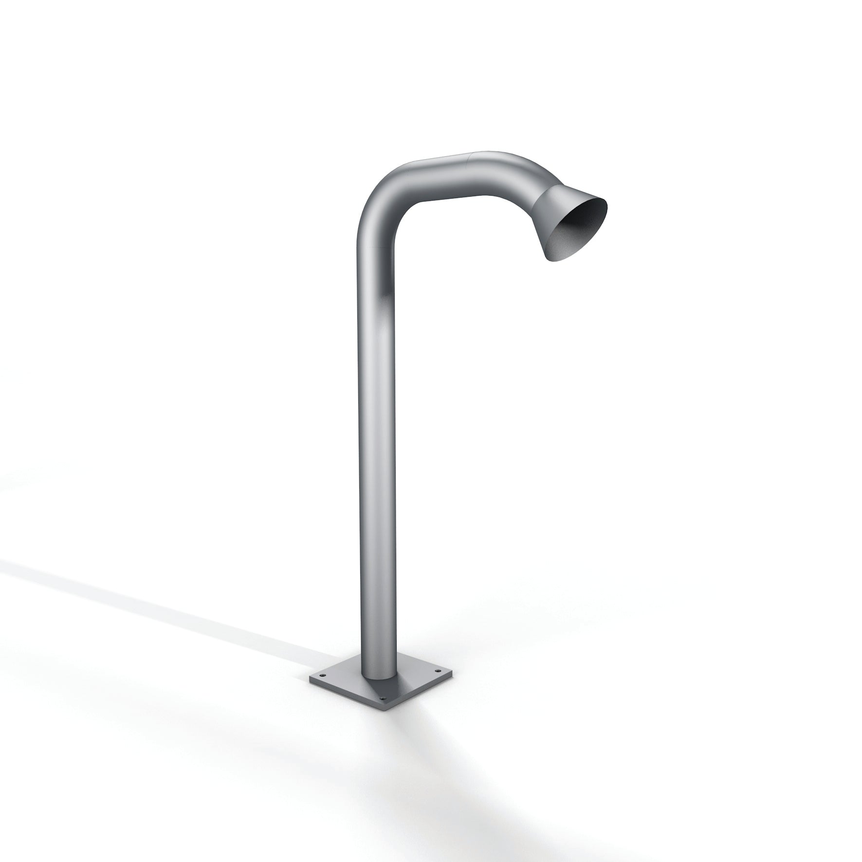 Silver metallic outdoor showerhead with a curved spout and square base.