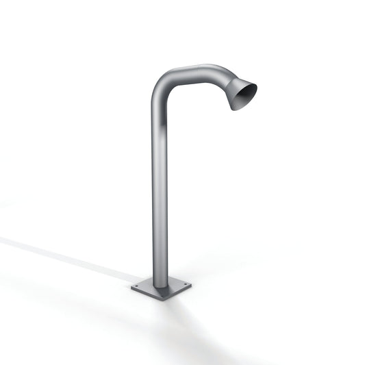 Silver metallic outdoor showerhead with a curved spout and square base.