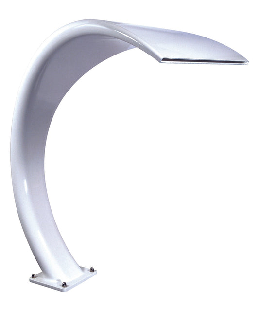 White curved waterfall faucet with a sleek, modern design and polished chrome finish.