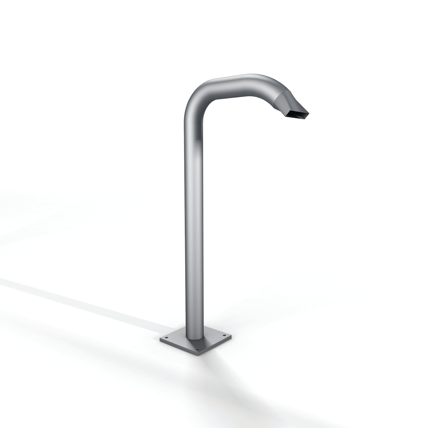 Silver metallic outdoor drinking fountain with a sleek, curved spout and square base.