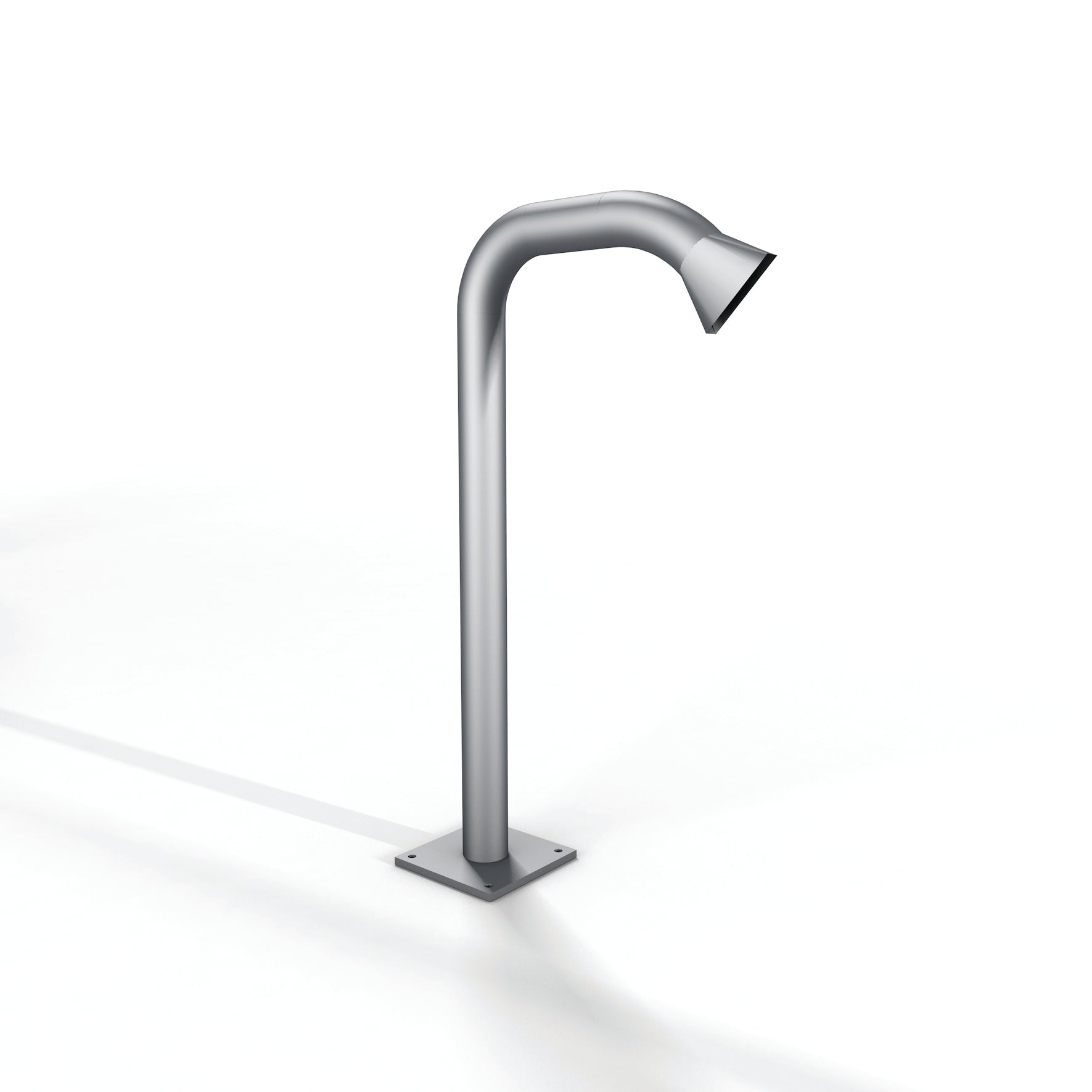 Silver metallic outdoor drinking fountain with a sleek, curved spout and square base.