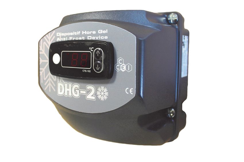 Black plastic anti-frost device with digital display and snowflake design, model dhg-2