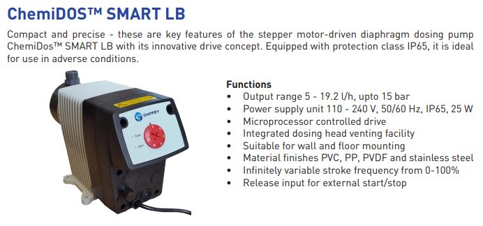 Black and beige chemidos™ smart lb stepper motor-driven diaphragm dosing pump with red control dial
