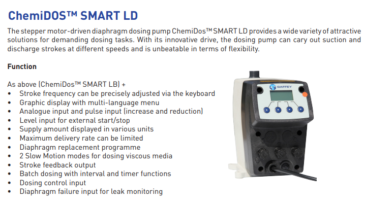 White and black chemidos™ smart ld dosing pump with digital display, control buttons, and connected tubing.