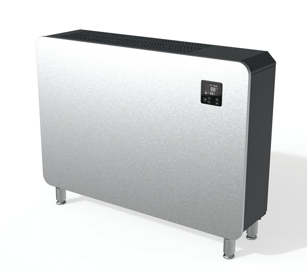 Modern silver stainless steel electric heater with black accents and a digital display panel.
