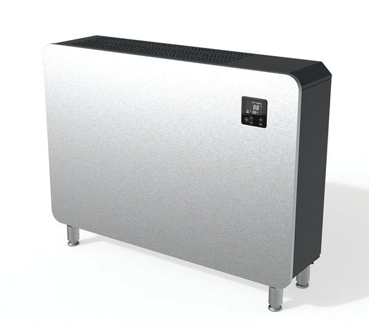 Modern silver stainless steel electric heater with black accents and a digital display panel.