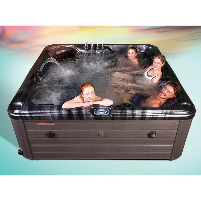 Black and gray plaid-patterned hot tub with a sleek, modern design.