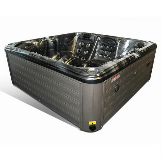 Gray and black marbled hot tub with multiple jetted seating areas.